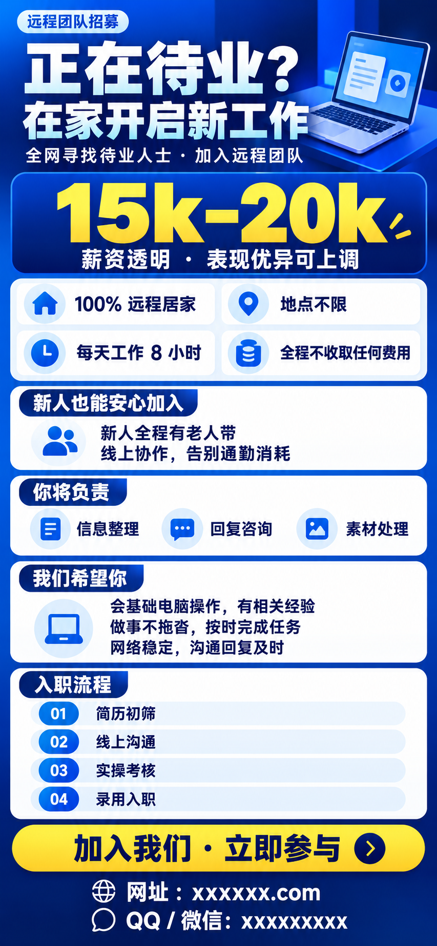 远程团队招募，正在待业？在家开启新工作。薪资15k–20k，表现优异可上调。100%远程居家，地点不限，每天工作8小时，全程不收取任何费用。新人全程有老人带。工作内容：信息整理、回复咨询、素材处理。要求：会基础电脑操作、有相关经验、按时完成任务、网络稳定、沟通及时。入职流程：简历初筛、线上沟通、实操考核、录用入职。